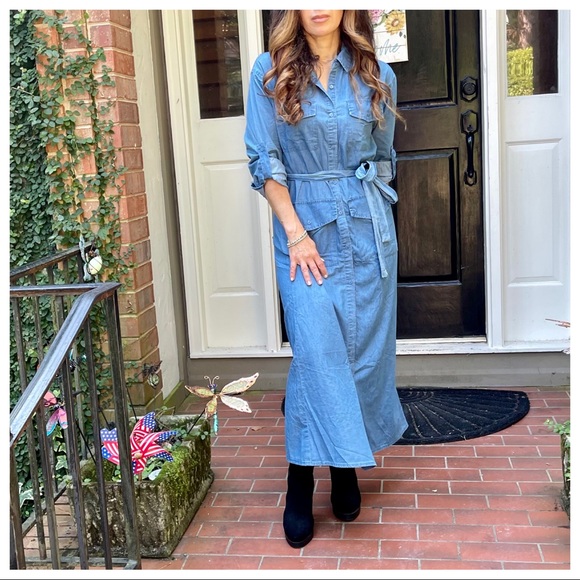 Paris fashion chic jean belted shirt Maxi dress - Picture 3 of 11